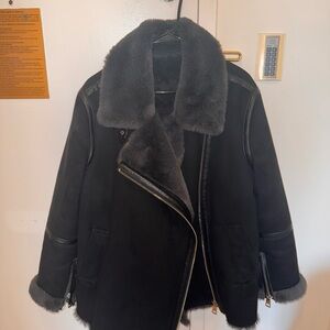Women's Black Bomber Jacket with Faux Fur Trim
